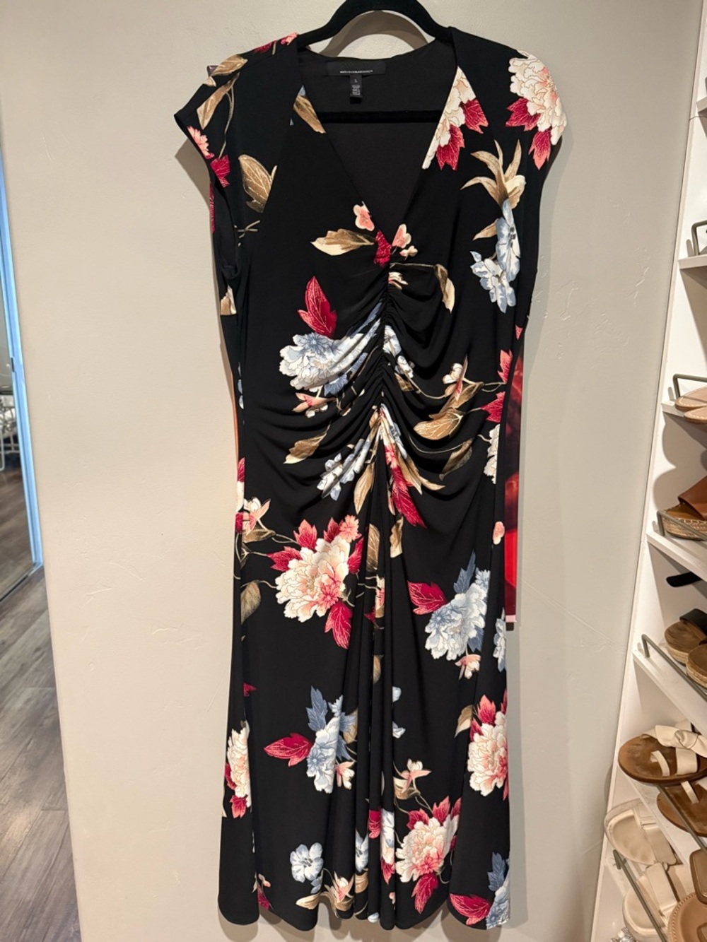 White House Black Market Black Floral Midi Dress with Ruched Front